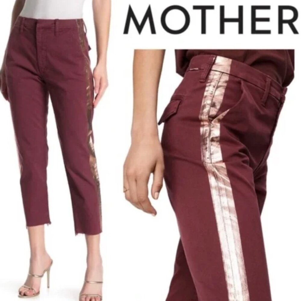 Mother Denim The Shaker Prep Fray Dahlia/Maroon Rose Gold Stripe Ankle Pants 26